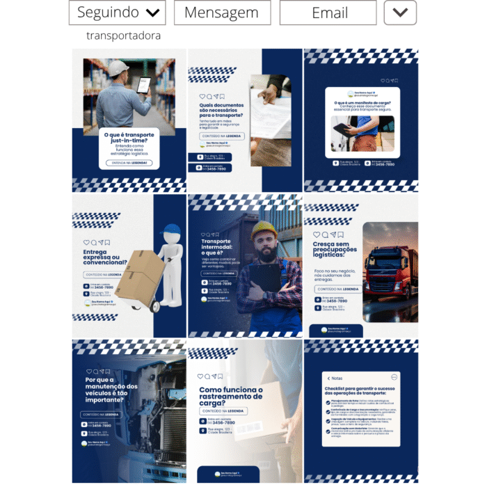 Feed profissional de transportadora com postagens sobre logística, rastreamento de carga, transporte intermodal e manutenção de veículos. Templates editáveis no Canva para empresas de transporte.