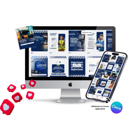 Mockup de templates editáveis no Canva para transportadora, com posts prontos sobre segurança de cargas, logística e dicas de transporte.