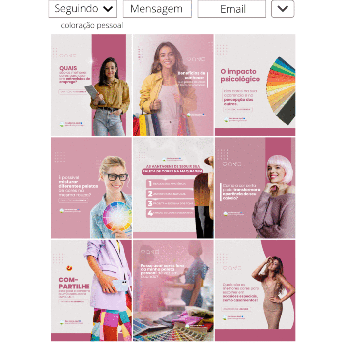 Feed profissional para coloração pessoal com posts sobre paleta de cores, estilo e imagem. Templates editáveis no Canva para consultoras e especialistas em coloração pessoal.