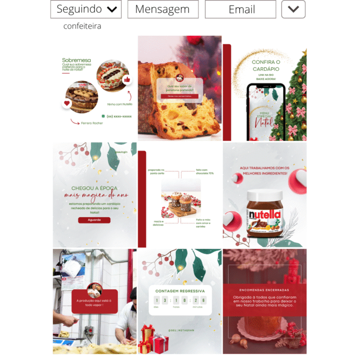 Pacote de templates editáveis no Canva para confeitaria, com posts natalinos prontos para Instagram. Inclui cardápio, contagem regressiva, avisos de encomendas e artes festivas em vermelho, verde e dourado, ideais para confeiteiras divulgarem seus produtos de Natal.