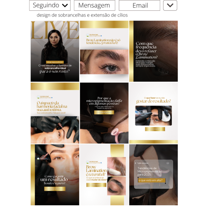 Templates editáveis no Canva para designer de sobrancelhas e extensão de cílios. Posts sobre Brow Lamination, micropigmentação e harmonia facial.