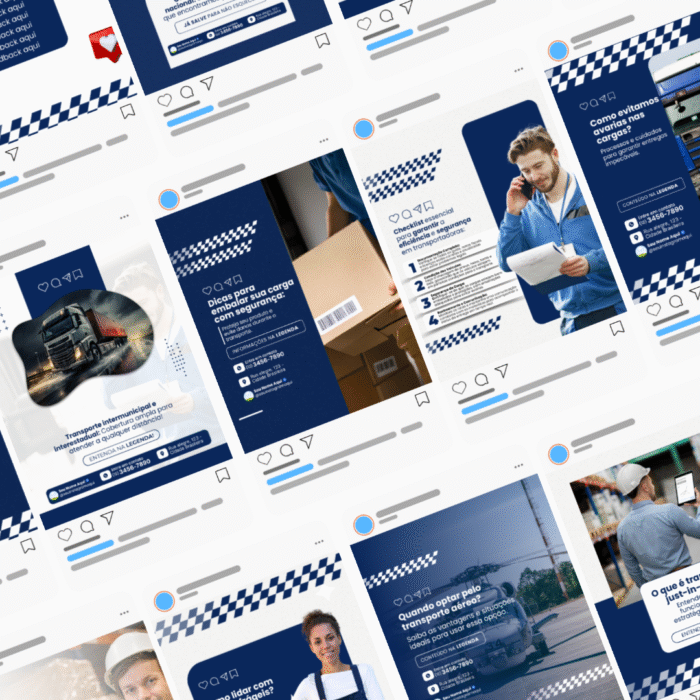 Feed profissional com templates para transportadora, logística e frete. Posts em azul e branco com design corporativo, 100% editáveis no Canva.