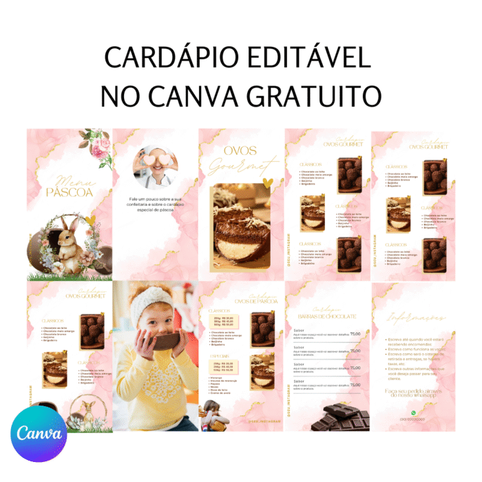 Cardápio editável de Páscoa no Canva gratuito com design delicado em tons de rosa, dourado e floral, apresentando opções de ovos de Páscoa e doces gourmet, ideal para confeiteiras que desejam divulgar seus produtos de forma elegante e profissional.