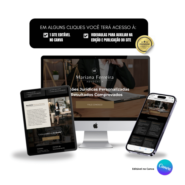 Template de site para advogada criado no Canva, exibido em computador, tablet e celular, mostrando layout responsivo e elegante em tons preto e dourado com seções de apresentação, serviços jurídicos e contato.