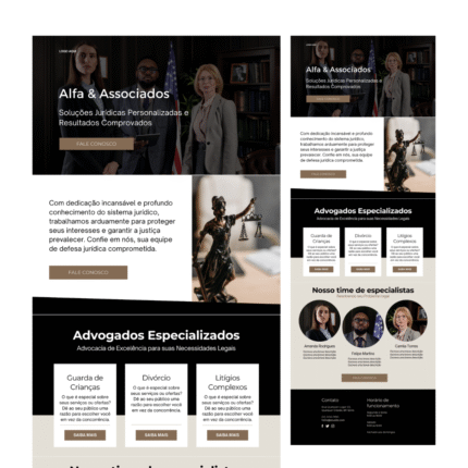Template de site para escritório de advocacia criado no Canva, com layout profissional em tons neutros, seções para apresentação do escritório, áreas de atuação, equipe de advogados e contato.