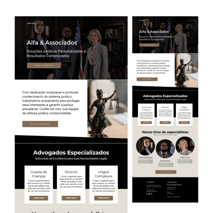 Template de site para escritório de advocacia criado no Canva, com layout profissional em tons neutros, seções para apresentação do escritório, áreas de atuação, equipe de advogados e contato.