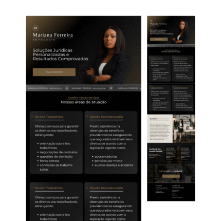 Template de site profissional para advogados criado no Canva, mostrando layout elegante em preto e dourado, com seções de serviços jurídicos, áreas de atuação e contato.