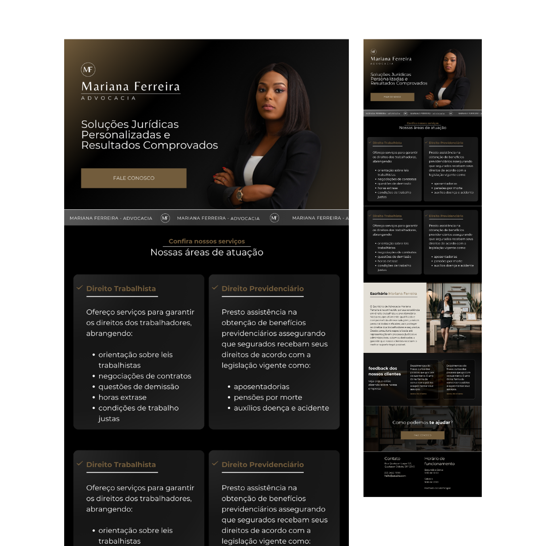 Template de site profissional para advogados criado no Canva, mostrando layout elegante em preto e dourado, com seções de serviços jurídicos, áreas de atuação e contato.