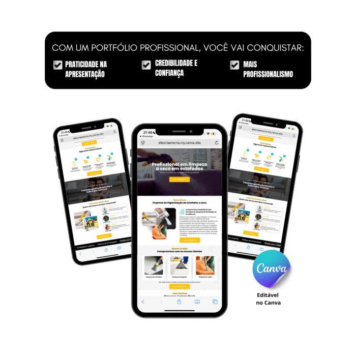 Visualização em celulares do site para empresa de limpeza de estofados criado no Canva.