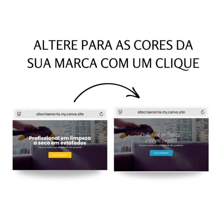 Exemplo de site para empresa de limpeza de estofados criado no Canva, mostrando a personalização de cores da marca com apenas um clique.