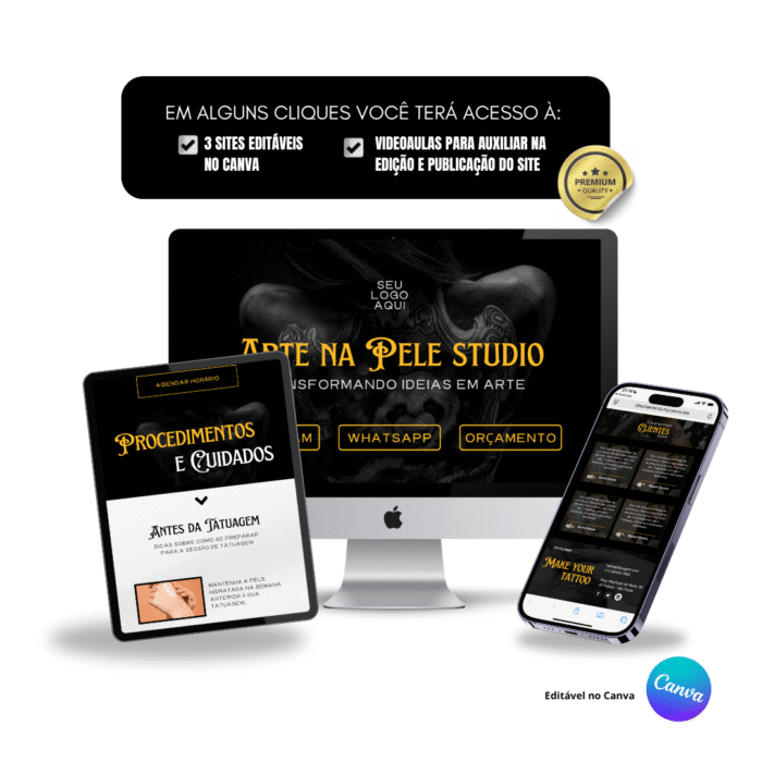 Mockup mostrando template de site editável no Canva para estúdios de tatuagem, exibido em computador, tablet e celular, com design escuro, tipografia artística e botões de contato para Instagram, WhatsApp e orçamento.