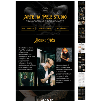 Template de site editável no Canva para estúdio de tatuagem, com design escuro, tipografia artística e seções personalizáveis como “Sobre Nós”, portfólio e contato.