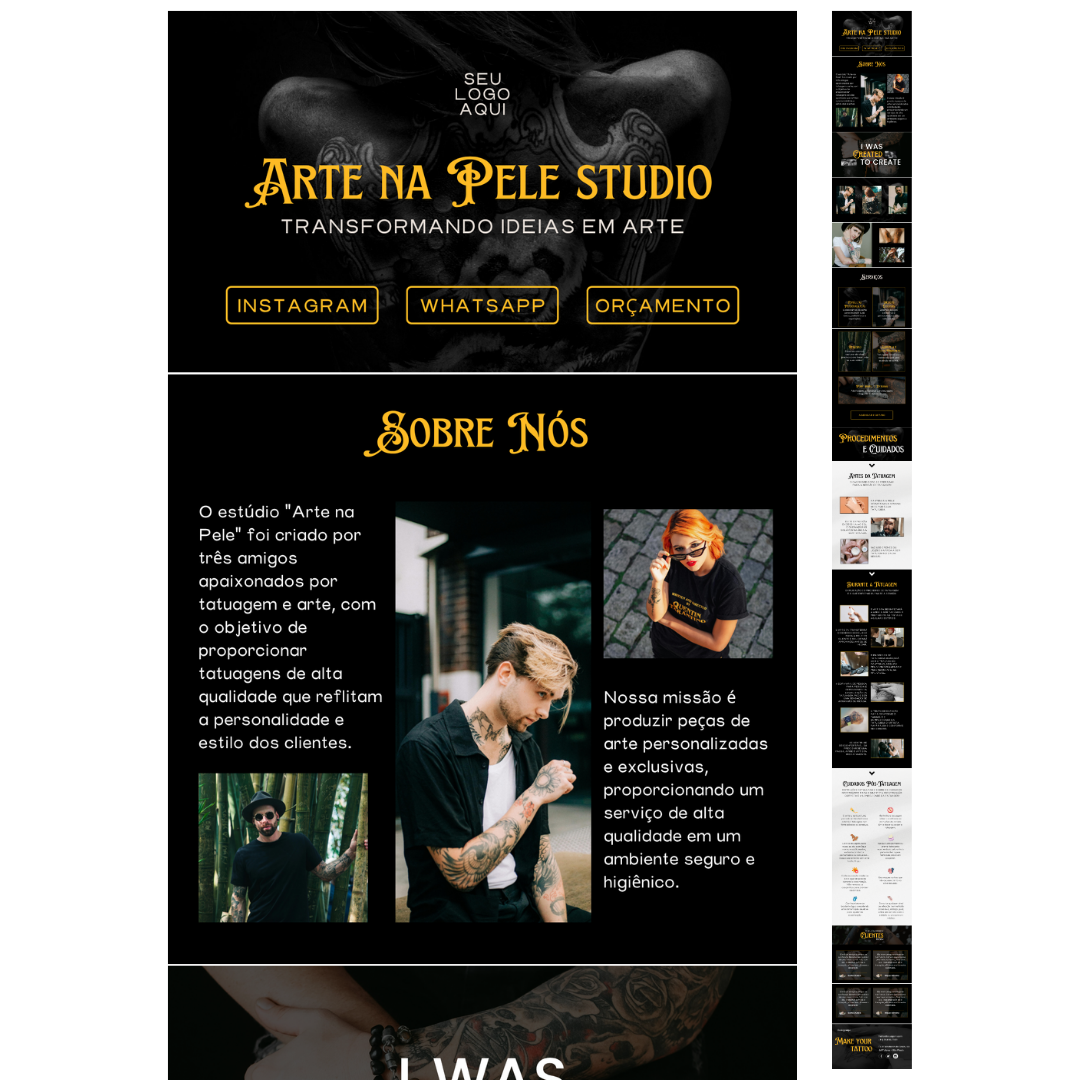 Template de site editável no Canva para estúdio de tatuagem, com design escuro, tipografia artística e seções personalizáveis como “Sobre Nós”, portfólio e contato.