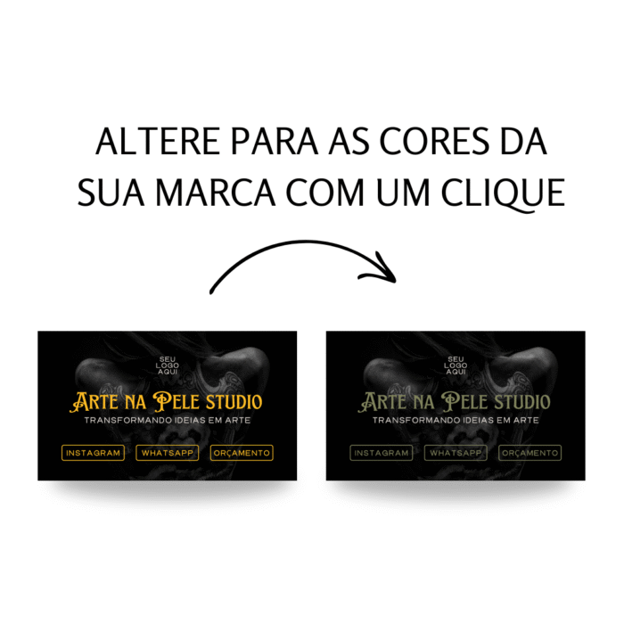 Imagem comparando duas versões do template de site para estúdio de tatuagem, destacando a opção de alterar as cores da marca com um clique no Canva. O design apresenta fundo preto, tipografia artística e botões de contato personalizados.