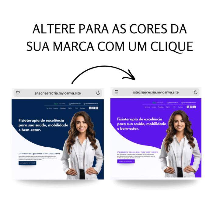 Exemplo de site de fisioterapia criado no Canva com variação de cores, mostrando como o template pode ser personalizado de acordo com a identidade visual da marca.
