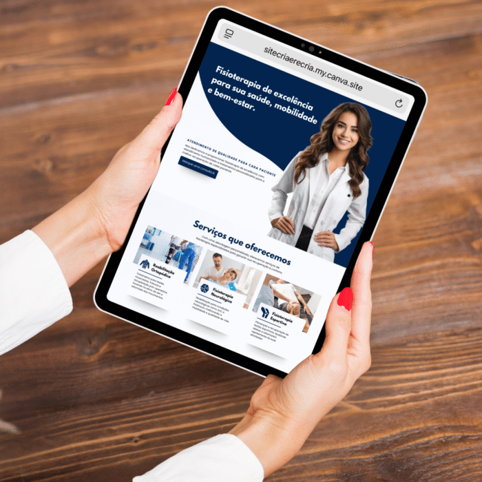 Template editável no Canva para site de fisioterapia profissional, exibido em um tablet nas mãos de uma mulher.
