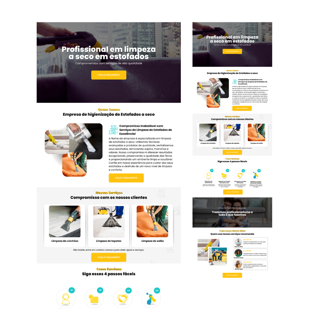 Template de site profissional para empresa de limpeza e higienização de estofados, criado no Canva, com seções de serviços, depoimentos e orçamento.