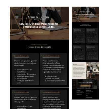 Template de site para advogada criado no Canva, com design elegante em preto e dourado, exibindo seções de apresentação, áreas de atuação, depoimentos e informações de contato.