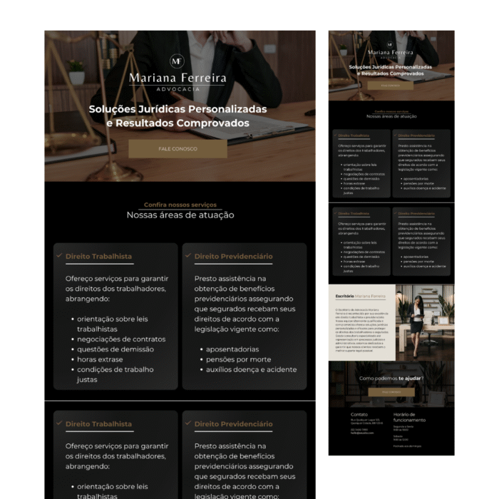 Template de site para advogada criado no Canva, com design elegante em preto e dourado, exibindo seções de apresentação, áreas de atuação, depoimentos e informações de contato.