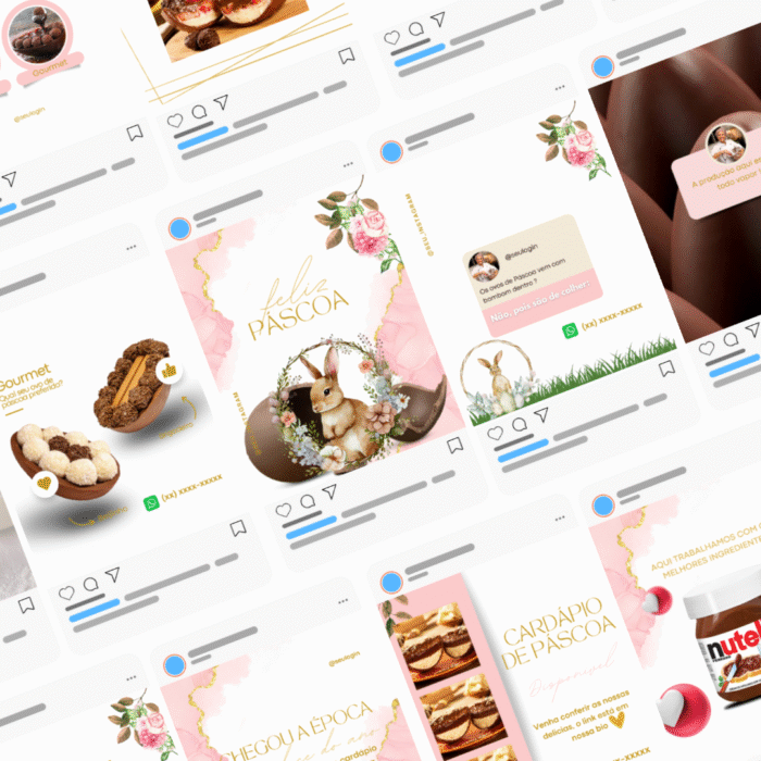 Pack de templates editáveis no Canva para Páscoa, com posts prontos para redes sociais em estilo delicado com coelho, flores e ovos de chocolate, ideal para confeiteiras que desejam divulgar produtos de forma profissional e encantadora.