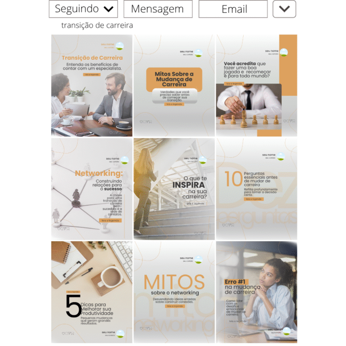 Templates editáveis no Canva para coach de transição de carreira, com posts prontos sobre mudança de carreira, networking, produtividade e motivação.