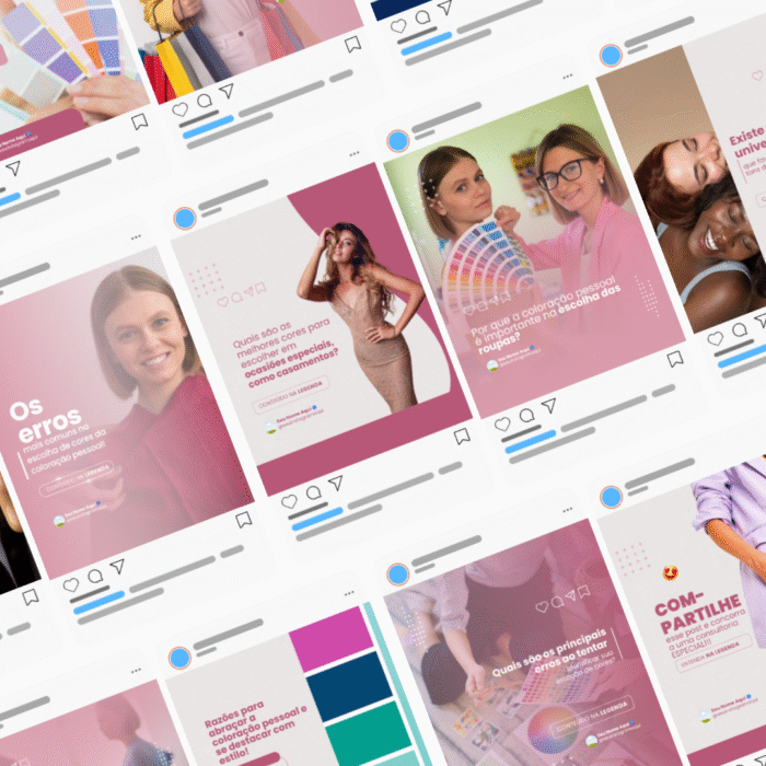 Feed com diversos posts para profissional de coloração pessoal, abordando temas como escolha de cores, estilo e imagem. Templates editáveis no Canva para Instagram.