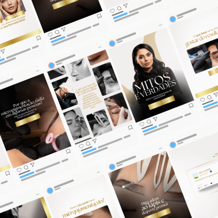 Templates editáveis no Canva para designer de sobrancelhas e extensão de cílios. Inclui posts sobre micropigmentação, mitos e verdades e cuidados estéticos.