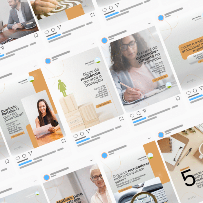 Templates editáveis no Canva para coach de transição de carreira, com posts prontos para Instagram sobre currículo, resiliência e autoconhecimento.