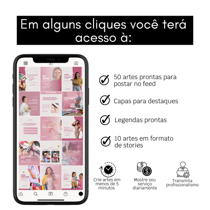 Mockup do pack de templates para coloração pessoal mostrando feed no celular e lista de benefícios: 50 artes para feed, capas para destaques, legendas e stories editáveis no Canva.