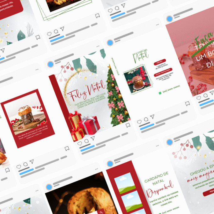 Templates editáveis no Canva para confeitaria natalina, com posts simulando um feed do Instagram. As artes incluem mensagens de Feliz Natal, sorteio, cardápio disponível e fotos de panetones e sobremesas natalinas. Design com cores festivas em vermelho, verde e dourado, ideal para confeiteiras divulgarem seus produtos no Instagram.