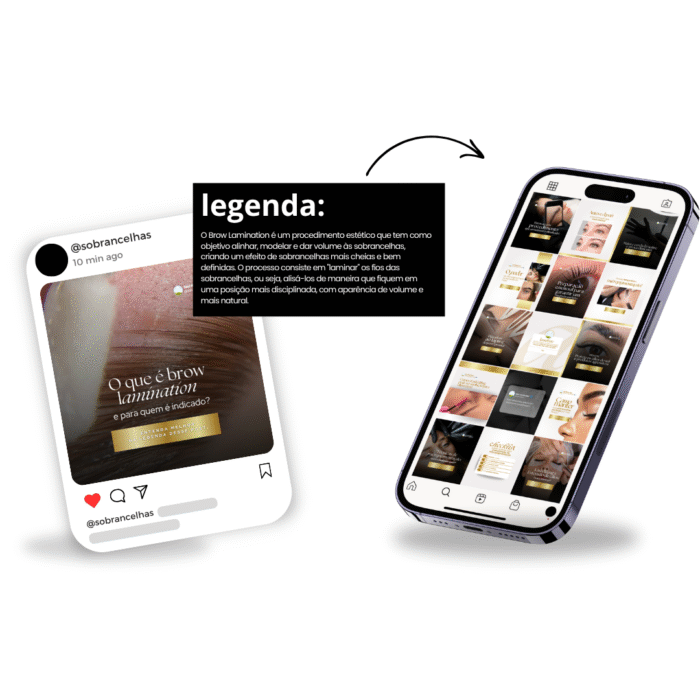 Templates editáveis no Canva para designer de sobrancelhas e extensão de cílios. Inclui posts sobre Brow Lamination, cuidados e legendas prontas.