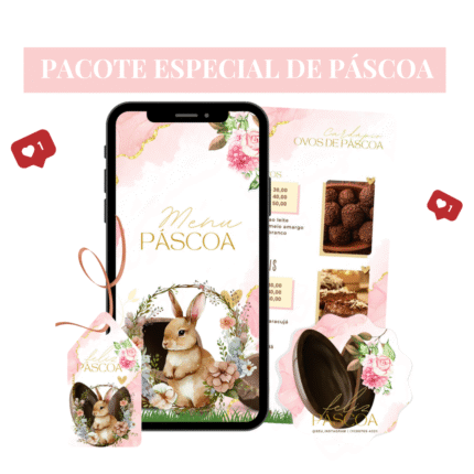 Pack de templates editáveis no Canva para Páscoa com cardápio, tag e arte digital com coelho e flores, ideal para confeiteiras e negócios personalizados.