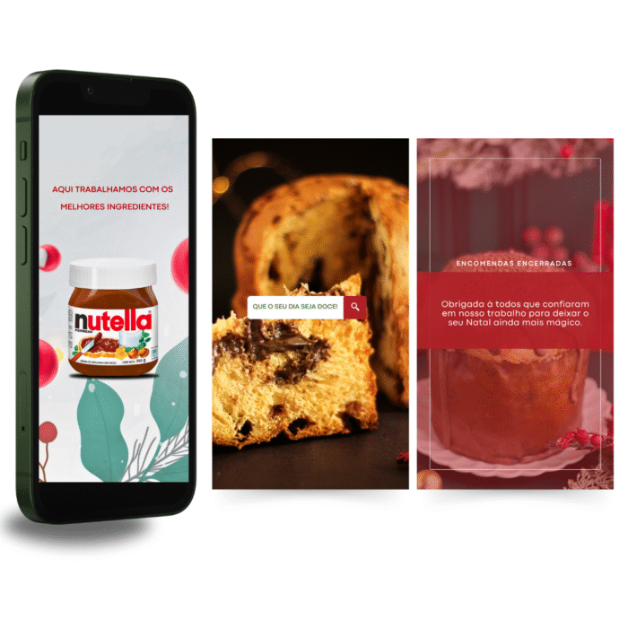 Templates editáveis no Canva para confeitaria natalina, com artes de stories para Instagram mostrando panetone com Nutella, mensagens de agradecimento e aviso de encomendas encerradas. Design festivo com tons de vermelho, dourado e verde, ideal para confeiteiras divulgarem seus produtos de Natal.