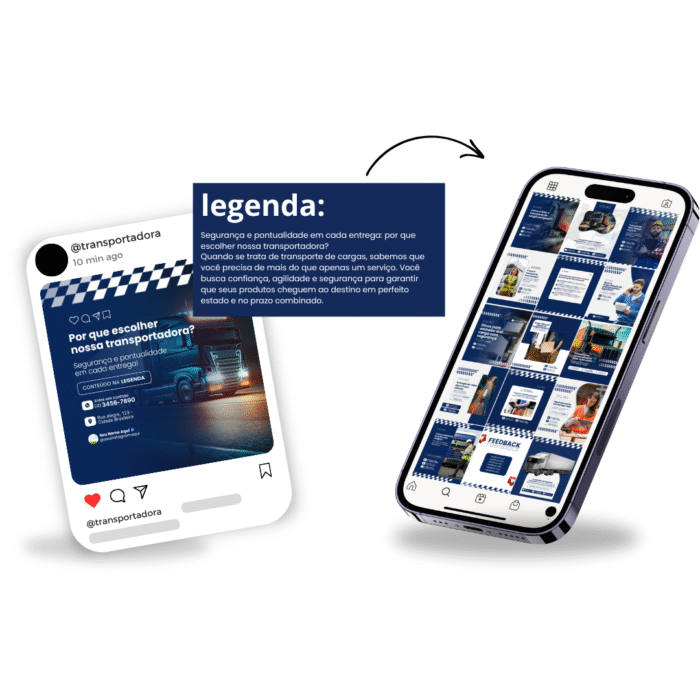 Templates editáveis no Canva para transportadora com legendas prontas e posts profissionais sobre transporte e logística.