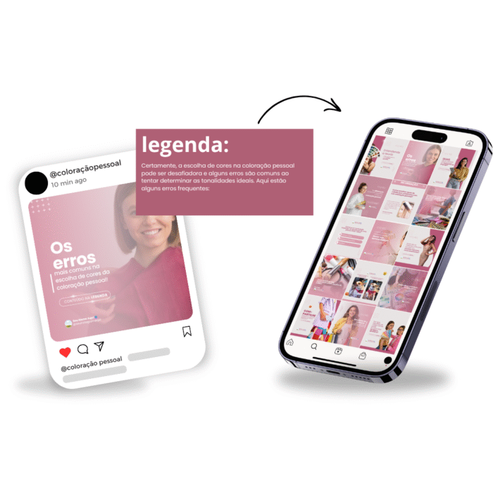 Mockup de post e feed para profissional de coloração pessoal com exemplo de legenda explicativa. Templates e legendas editáveis no Canva para Instagram.