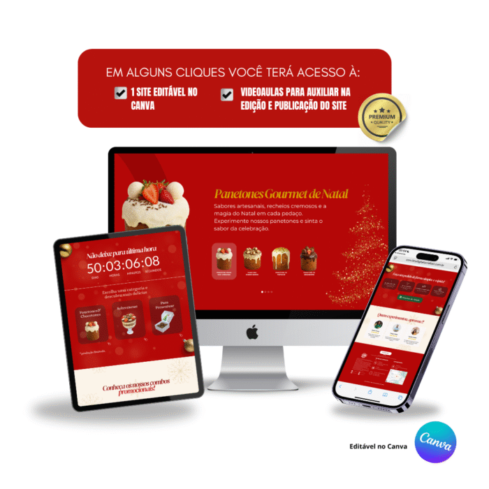 Mockup de site natalino para confeitaria editável no Canva, exibido em computador, tablet e celular, com tema vermelho e dourado para panetones gourmet e sobremesas natalinas. Inclui selo premium e destaque para vídeo-aulas e edição fácil.
