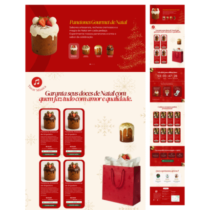 Cardápio natalino editável para confeitaria com panetones gourmet, vitrines de produtos e layout profissional nas cores vermelho e dourado, ideal para vendas de Natal.