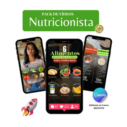 Template editável no Canva com pack de vídeos prontos para nutricionistas, mostrando três modelos de reels informativos sobre alimentação saudável, calorias e dicas nutricionais.