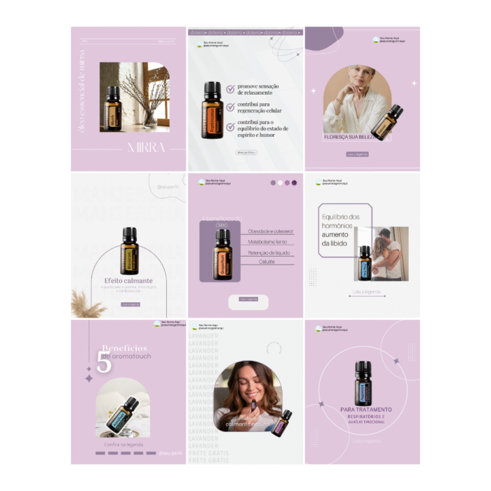 Templates editáveis no Canva Gratuito para revendedora de óleos essenciais, com artes prontas para feed do Instagram
