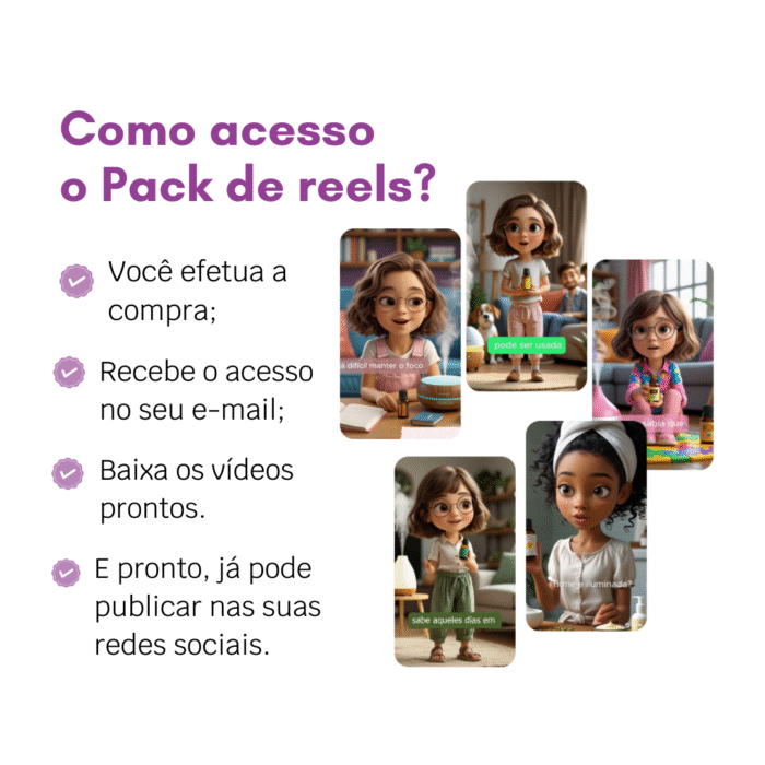 Reels prontos em Inteligência Artificial para revendedora de óleos essenciais, com vídeos educativos para Instagram e TikTok